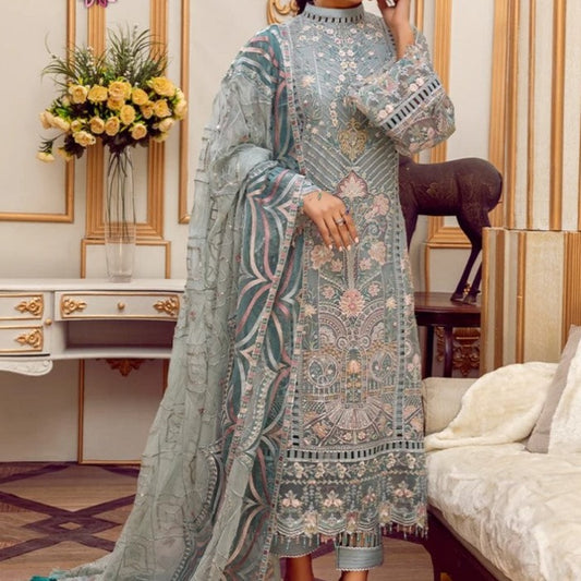 Luxury Party wear unstitched Designer Chiffon Dress with Chiffon Embroidered Dupatta.
